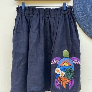 Not Perfect Linen Black Skirt with Colorful Sea Turtle Honu Hand Embroidery